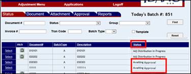 Adjustments Status screen with several documents displayed