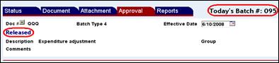 Approval screen with the batch number and the released status highlighted