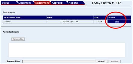 Attachment screen with a View link highlighted