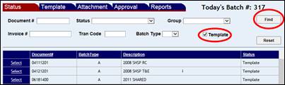 Adjustments Status screen with Template check box and the Find button highlighted