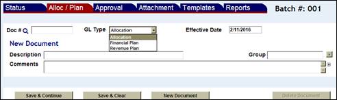 Allocation, Financial, or Revenue Plan screen with GL Type drop down menu shown
