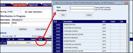 An Appropriation document showing a PCA code lookup screen