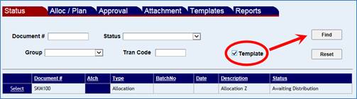 Status page with Template check box highlighted