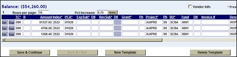 Template screen with a number in the percentage increase field and with three rows of transactions