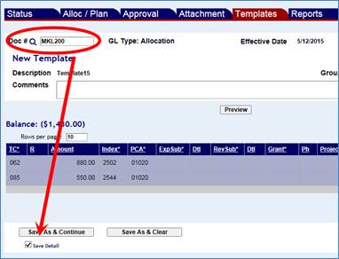 Template screen with Document number and the Save Detail check box highlighted