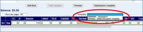 Budgetary document with one transaction row and template drop down menu highlighted