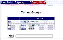 Group Maintenance screen with three group names shown
