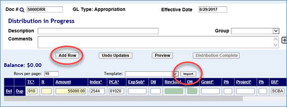 Appropriations screen with Add Row button and the Template drop down menu highlighted