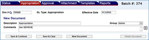 Appropriations screen with GL Type drop down menu shown