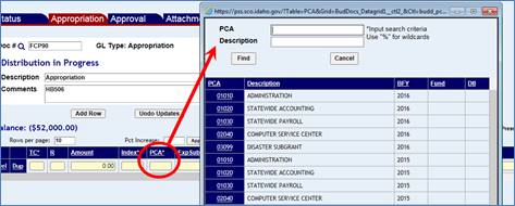 An Appropriation document showing a PCA code lookup screen