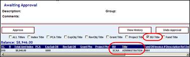 Approval screen with the Budget Unit Title check box and Budget Unit Title columns highlighted