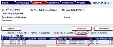 Approval screen with PCA Title check box and PCA title columns highlighted