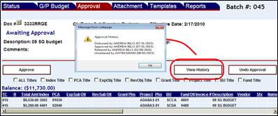Approval screen with View History button highlighted and a History opo up screen displayed