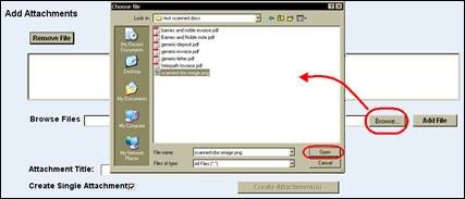 Attachments screen with Browse button highlighted and File Explorer window shown