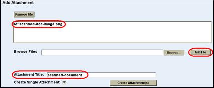 Attachment screen with a file path and Attachment Title highlighted