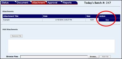 Attachment screen with a document attached and the View link highlighted