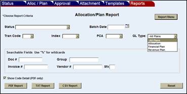 Allocation, Financial, Revenue Plan report criteria