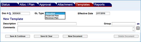 Templates screen with a document number entered and the GL Type drop down menu shown