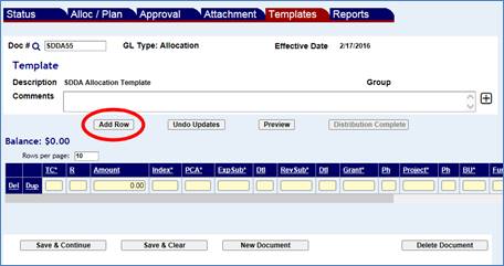 Templates screen with one transactin row shown and the Add Row button highlighted