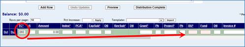 One transactin row shown with a transaction code entered and its required fields highlighted