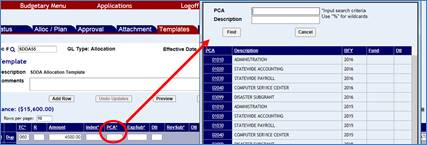 Transaction screen with one row and a PCA lookup screen shown