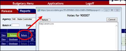 Release screen with Return link highlighted and a comments text box shown