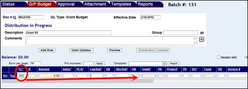 GP Budget screen with transaction code and its required field highlighted