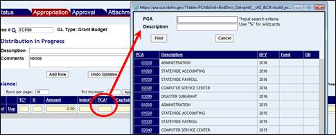 Budgetary transaction row with PCA field highlighted and PCA lookup window shown