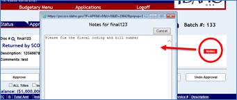 A document screen with red notes button highlighted and notes text box shown