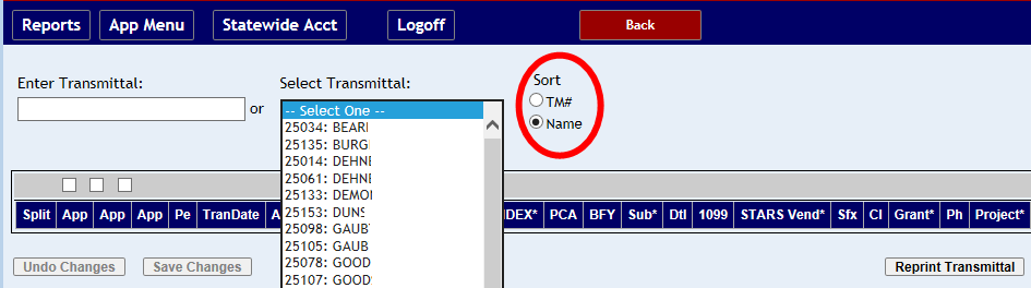 Select Transmittal drop down menu with Sort radio buttons highlighted