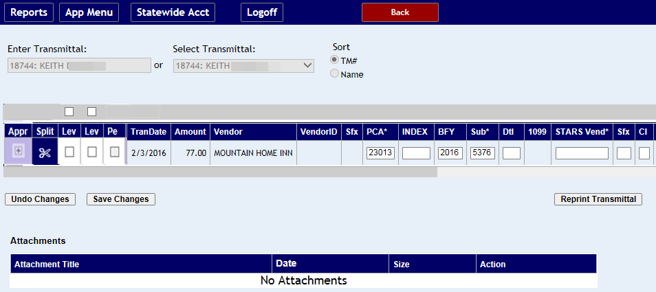 P-Card transaction row with various fiscal coding