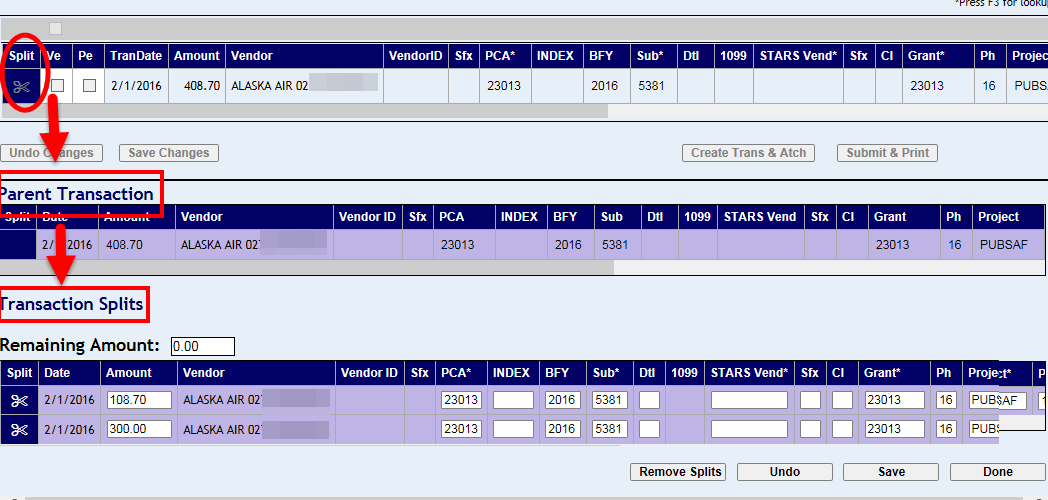 transaction row with split icon highlighted and parent and split transaction rows shown