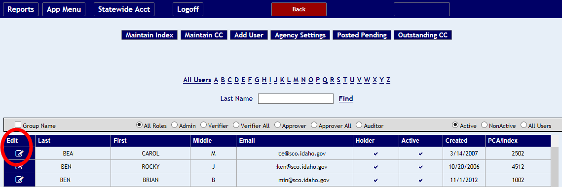 Administration screen list of users with edit icon highlighted