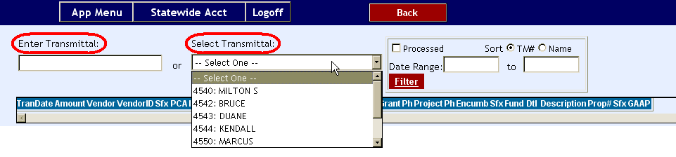 Enter transmittal and Select transmittal drop down menus highlighted