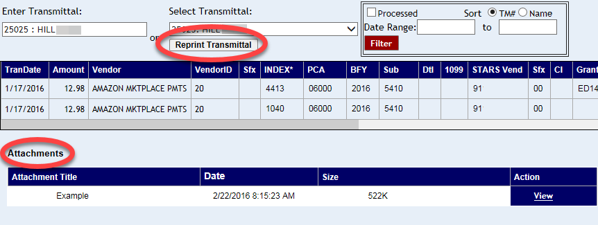 Transmittal shown with reprint transmittal button and a scanned attachment