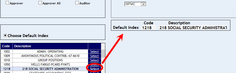 List of Default Index codes with Select link highlighted