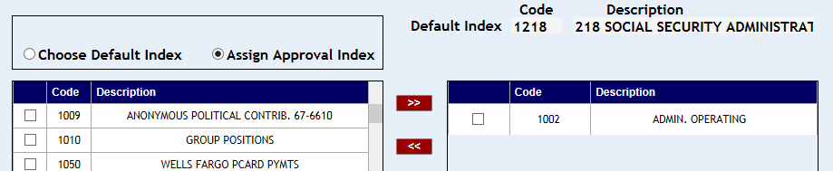 List of Approval Index codes with one code assigned
