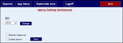 Various agency settings, menus, and check boxes