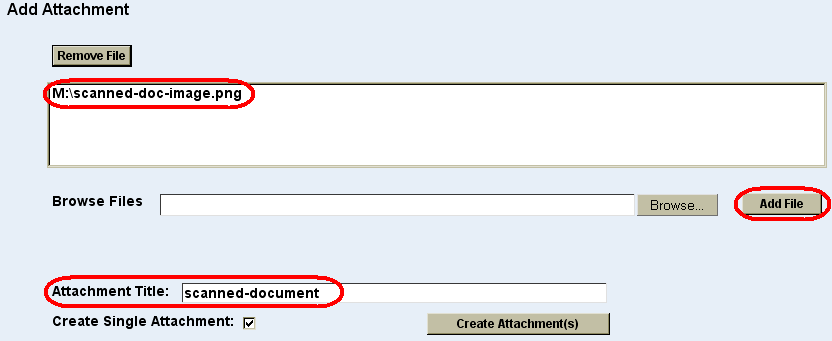 Attachment title field and add file button highlighted with filename shown in attachment queue