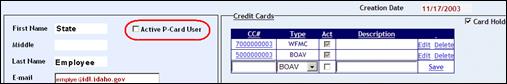User profile screen with the Active p-Card User check box highlighted