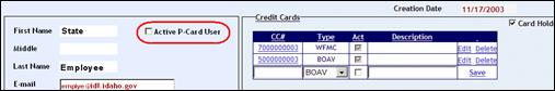 User profile screen with the Active p-Card User check box highlighted