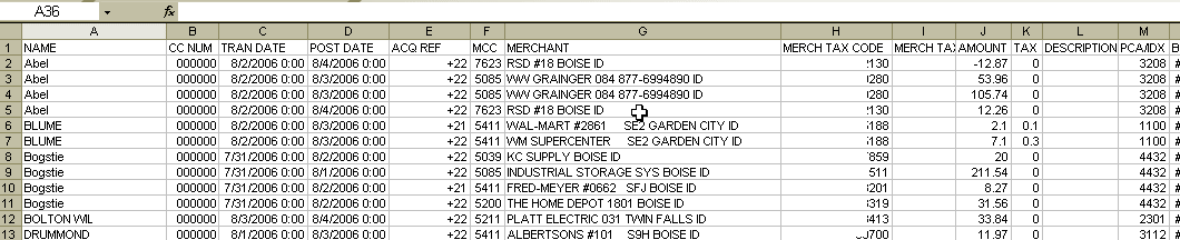 PCard Download report CSV example