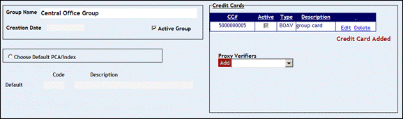 Group Name screen with card number added