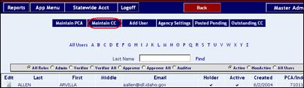 Administration screen with Maintain CC button highlighted