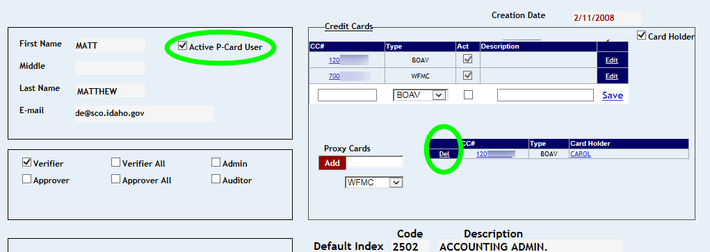 User profle screen with Active P-Card User check box and Proxy card delete link highlighted