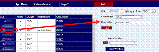 Maintain CC screen with a card number highlighted and details shown