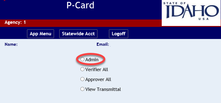P-Card menu with Admin button highlighted