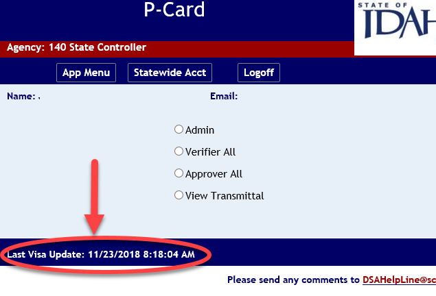P-Card menu with Last Visa Update date highlighted