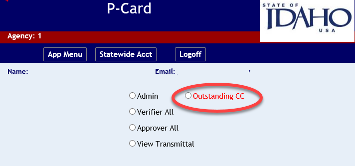 P-Card menu with Outstanding CC highlighted