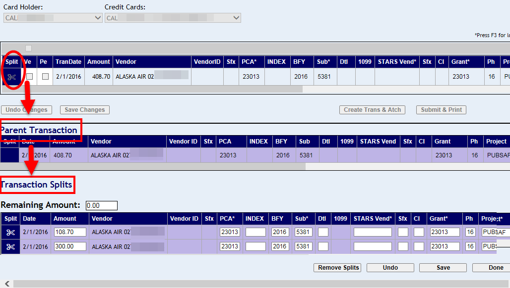 Parent and Split transactions and split icon highlighted
